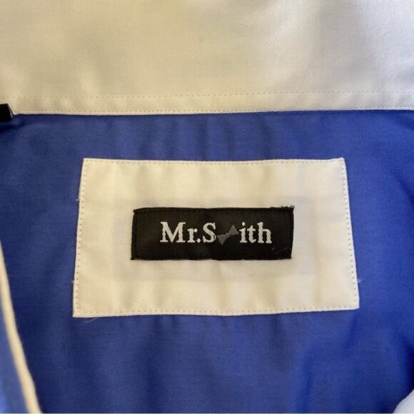 Mr.Smith men dress button up shirt blue white collar long sleeve 100% cotton XL - Picture 10 of 12